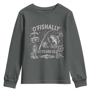 O'Fishally 40 Years Old Youth Sweatshirt Funny Fisherman Birthday Graphic TS12 Dark Heather Print Your Wear