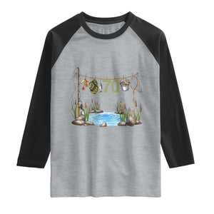 70th Birthday Fishing Raglan Shirt Fisherman Birthday Party Gift TS12 Heather Gray Black Print Your Wear