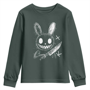 Funny Creepy Bunny With Knife Youth Sweatshirt Cute Horror Aesthetic TS12 Dark Forest Green Print Your Wear