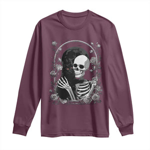 Funny Full Moon Horror Art Long Sleeve Shirt Skeleton Hug Maine Coon Cat TS12 Maroon Print Your Wear