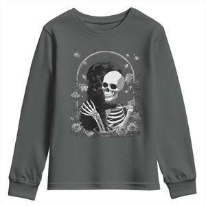 Funny Full Moon Horror Art Youth Sweatshirt Skeleton Hug Maine Coon Cat TS12 Dark Heather Print Your Wear