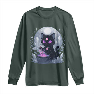 Witchy Black Cat Long Sleeve Shirt Brewing Magic Funny Pastel Goth Art TS12 Dark Forest Green Print Your Wear