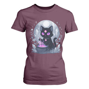 Witchy Black Cat T Shirt For Women Brewing Magic Funny Pastel Goth Art TS12 Maroon Print Your Wear