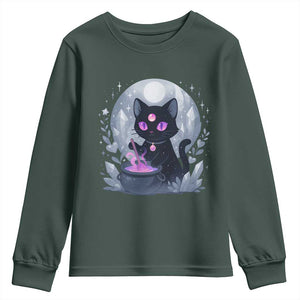 Witchy Black Cat Youth Sweatshirt Brewing Magic Funny Pastel Goth Art TS12 Dark Forest Green Print Your Wear