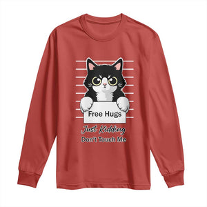 Funny Black Cat Quote Long Sleeve Shirt Free Hugs Just Kidding Do Not Touch Me TS12 Red Print Your Wear