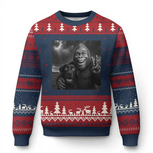 Cute Labrador Selfie With Bigfoot Ugly Christmas Sweater Funny Cryptid TS12 Navy Red Print Your Wear