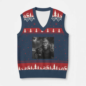 Cute Labrador Selfie With Bigfoot V-Neck Knit Sweater Vest Funny Cryptid TS12 Navy Red Print Your Wear