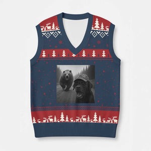 Funny Labrador Selfie With Bear V-Neck Knit Sweater Vest Dog Lover Gift TS12 Navy Red Print Your Wear