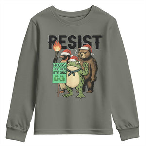 Funny Christmas Frogs Together Strong Youth Sweatshirt Portland Resist Meme Gift TS12 Military Green Print Your Wear