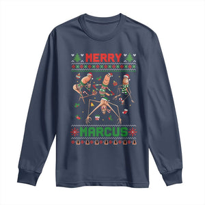 Funny Merry Marcus Long Sleeve Shirt Ugly Christmas Marcus The Worm Meme Gift TS12 Navy Print Your Wear