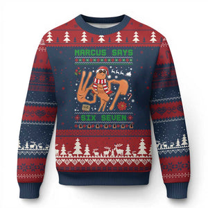 Marcus Says Six Seven Ugly Christmas Sweater Funny Ugly Xmas Meme Gift TS12 Navy Red Print Your Wear
