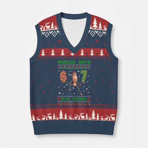 Marcus Says Six Seven Meme Xmas Ugly Sweater V-Neck Knit Sweater Vest Trendy Tiktok Gift TS12 Navy Red Print Your Wear