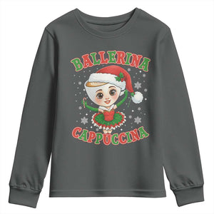 Ballerina Cappuccina Youth Sweatshirt Funny Italian Brainrot Meme Christmas Gift TS12 Dark Heather Print Your Wear