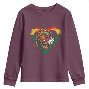 Cute Black Cupid Youth Sweatshirt Melanin Pride Valentines Day Gift TS12 Maroon Print Your Wear