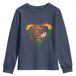 Cute Black Cupid Youth Sweatshirt Melanin Pride Valentines Day Gift TS12 Navy Print Your Wear
