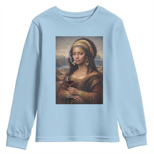 Funny Black Mona Lisa Youth Sweatshirt Melanin Queen Black History Month TS12 Light Blue Print Your Wear