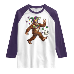Funny Mardi Gras Bigfoot Playing Soccer Raglan Shirt Football Fan Gift TS12 White Purple Print Your Wear