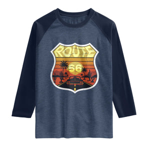 Retro Route Highway 66 Raglan Shirt Vintage Americana Road Trip TS12 Heather Denim Navy Print Your Wear
