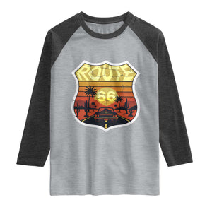 Retro Route Highway 66 Raglan Shirt Vintage Americana Road Trip TS12 Heather Gray Heather Charcoal Print Your Wear