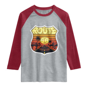 Retro Route Highway 66 Raglan Shirt Vintage Americana Road Trip TS12 Heather Gray Heather Red Print Your Wear