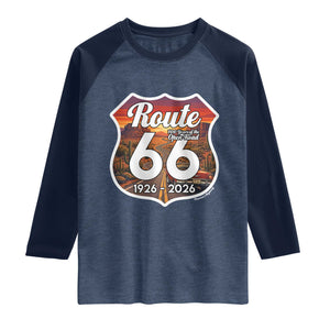 Route Highway 66 Centennial Raglan Shirt Vintage Distressed Americas Highway TS12 Heather Denim Navy Print Your Wear