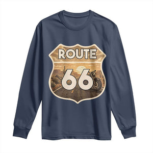 Vintage Motorcycle Road Trip Route Highway 66 Long Sleeve Shirt Open Road Adventure TS12 Navy Print Your Wear