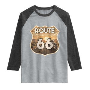 Vintage Motorcycle Road Trip Route Highway 66 Raglan Shirt Open Road Adventure TS12 Heather Gray Heather Charcoal Print Your Wear