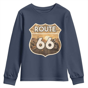 Vintage Motorcycle Road Trip Route Highway 66 Youth Sweatshirt Open Road Adventure TS12 Navy Print Your Wear