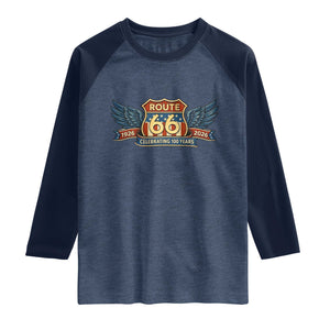 Route Highway 66 Centennial Raglan Shirt 100 Years Of The Mother Road TS12 Heather Denim Navy Print Your Wear