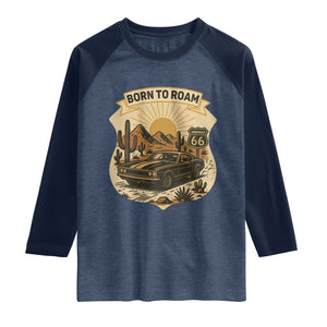 Vintage Muscle Car Route Highway 66 Raglan Shirt Born To Roam Road Trip TS12 Heather Denim Navy Print Your Wear