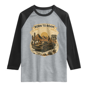 Vintage Muscle Car Route Highway 66 Raglan Shirt Born To Roam Road Trip TS12 Heather Gray Black Print Your Wear