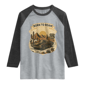 Vintage Muscle Car Route Highway 66 Raglan Shirt Born To Roam Road Trip TS12 Heather Gray Heather Charcoal Print Your Wear