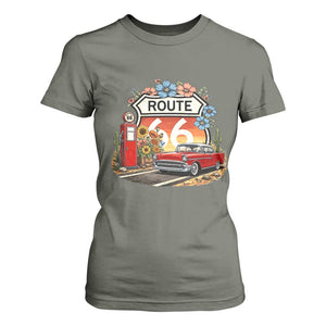 Retro Route Highway 66 T Shirt For Women Boho Wildflower Americana Floral TS12 Military Green Print Your Wear