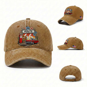 Retro Route Highway 66 Washed Cotton Baseball Cap Boho Wildflower Americana Floral TS12 Washed Cap Universal Fit Yellow Ochre Print Your Wear