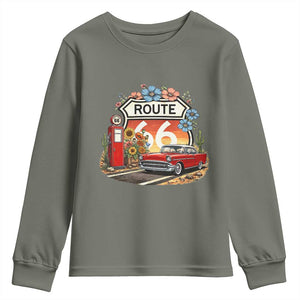 Retro Route Highway 66 Youth Sweatshirt Boho Wildflower Americana Floral TS12 Military Green Print Your Wear