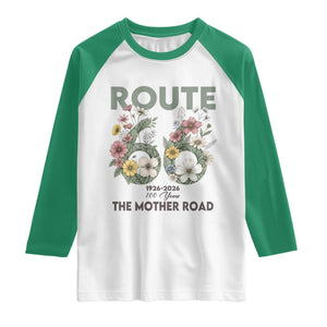 Route Highway 66 Raglan Shirt Floral Centennial 100 Year Anniversary TS12 White Kelly Green Print Your Wear
