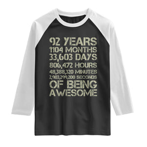 Vintage 92nd Milestone Birthday Raglan Shirt 92 Years Of Being Awesome