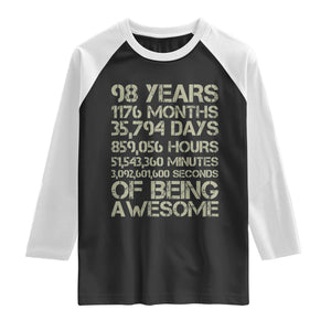 Vintage 98th Milestone Birthday Raglan Shirt 98 Years Of Being Awesome