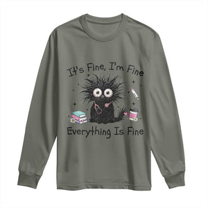 Funny Stressed Black Cat Nursing Student Life Long Sleeve Shirt ts Fine Im Fine Everything Is Fine
