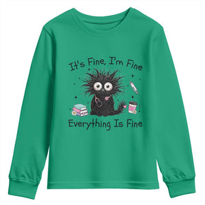 Funny Stressed Black Cat Nursing Student Life Youth Sweatshirt ts Fine Im Fine Everything Is Fine