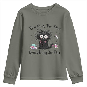 Funny Stressed Black Cat Nursing Student Life Youth Sweatshirt ts Fine Im Fine Everything Is Fine