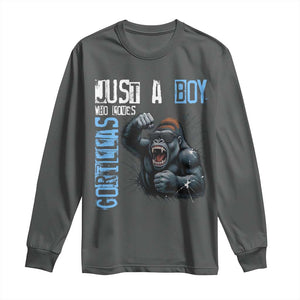 Just A Boy Who Loves Gorillas Long Sleeve Shirt Gorilla Lover Gift TS12 Dark Heather Print Your Wear