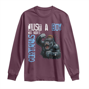 Just A Boy Who Loves Gorillas Long Sleeve Shirt Gorilla Lover Gift TS12 Maroon Print Your Wear