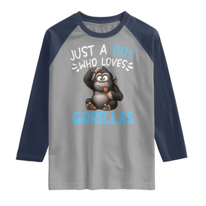 Funny Gorilla Lover Gift Raglan Shirt Just A Boy Who Loves Gorillas TS12 Sport Gray Navy Print Your Wear