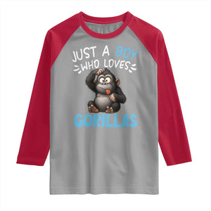 Funny Gorilla Lover Gift Raglan Shirt Just A Boy Who Loves Gorillas TS12 Sport Gray Red Print Your Wear