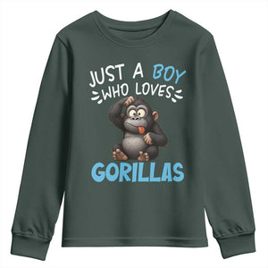 Funny Gorilla Lover Gift Youth Sweatshirt Just A Boy Who Loves Gorillas TS12 Dark Forest Green Print Your Wear