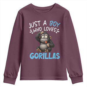 Funny Gorilla Lover Gift Youth Sweatshirt Just A Boy Who Loves Gorillas TS12 Maroon Print Your Wear