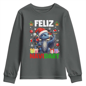 Funny Dragon Throwing Dart Christmas Gift Youth Sweatshirt Feliz Navidart TS12 Dark Heather Print Your Wear
