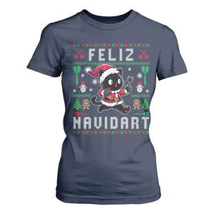 Santa Cat Feliz Navidart T Shirt For Women Funny Dartist Ugly Christmas Gift TS12 Navy Print Your Wear