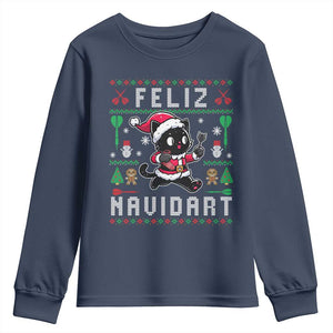 Santa Cat Feliz Navidart Youth Sweatshirt Funny Dartist Ugly Christmas Gift TS12 Navy Print Your Wear